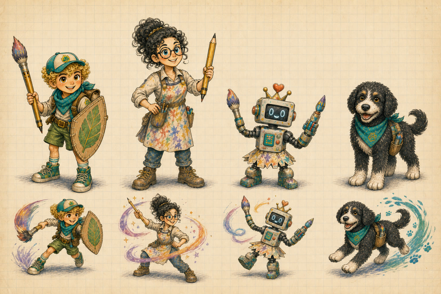Concept sheet showing the four Kin’Dome heroes: Benji, Ms. Sumily, Bit, and Sanders.