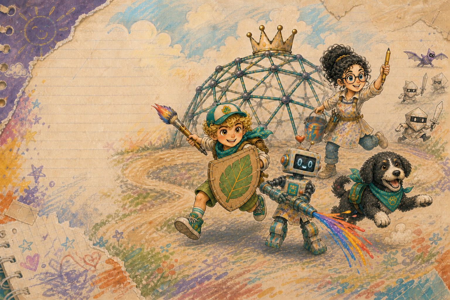Benji, Ms. Sumily, Bit, and Sanders hurry to protect a crowned playground dome with imaginative handmade equipment.