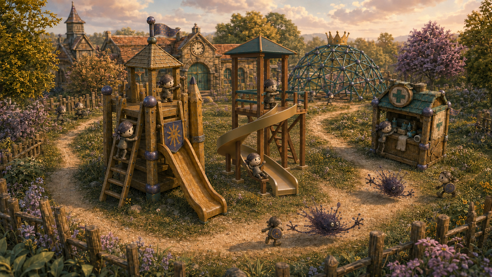 Concept art showing a wide rear-side view of Kin’Dome playground defenses, including a straight slide tower and an open exterior curved Ranger slide, with paths, defenders, and ink splotches.