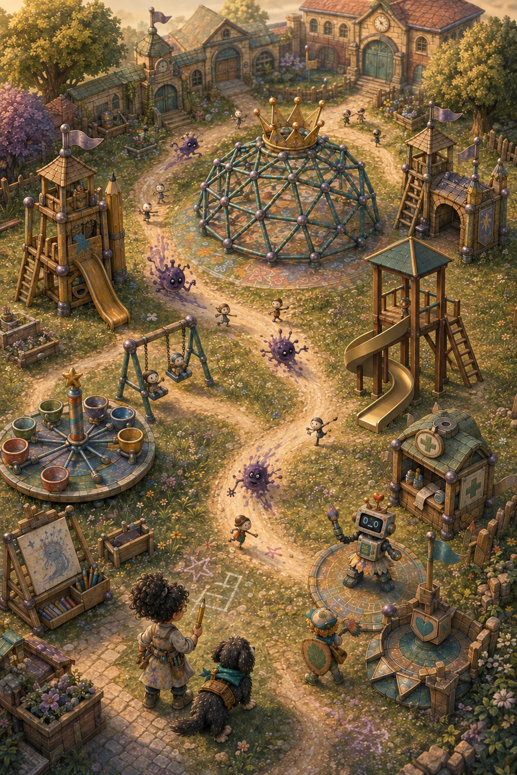Concept art showing a portrait overview of the Kin’Dome schoolyard with winding paths, playground defenses, an open exterior curved Ranger slide, small defenders, and ink splotches.