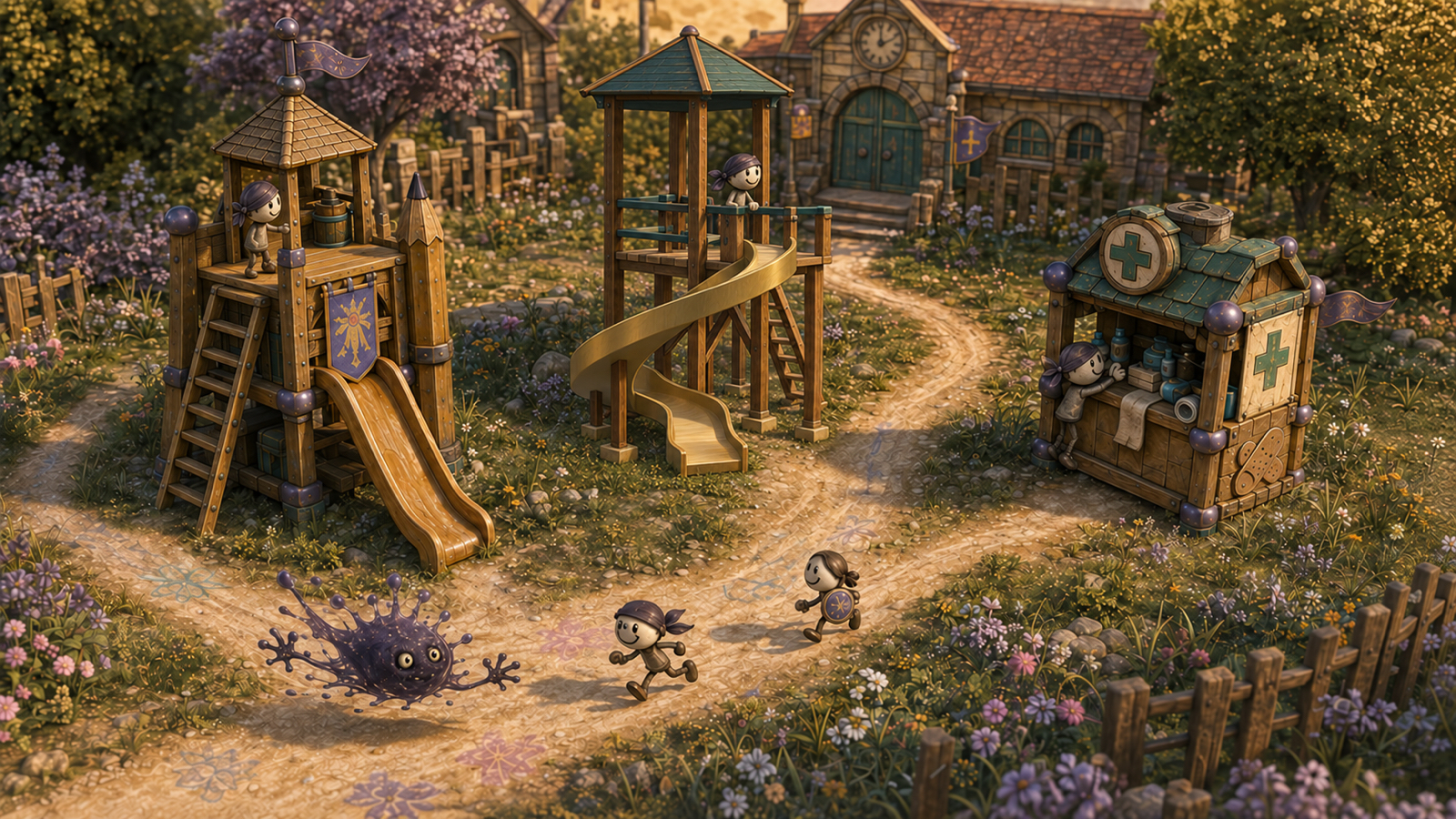 Concept art showing defenders using a straight slide tower, an open exterior curved Ranger slide, and an aid station around a bend in the Kin’Dome route.