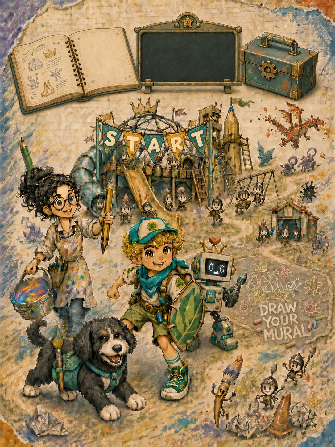 The Kin’Dome title screen: START pennants hang across the crowned playground dome while Benji, Ms. Sumily, Bit, and Sanders run out to defend it.